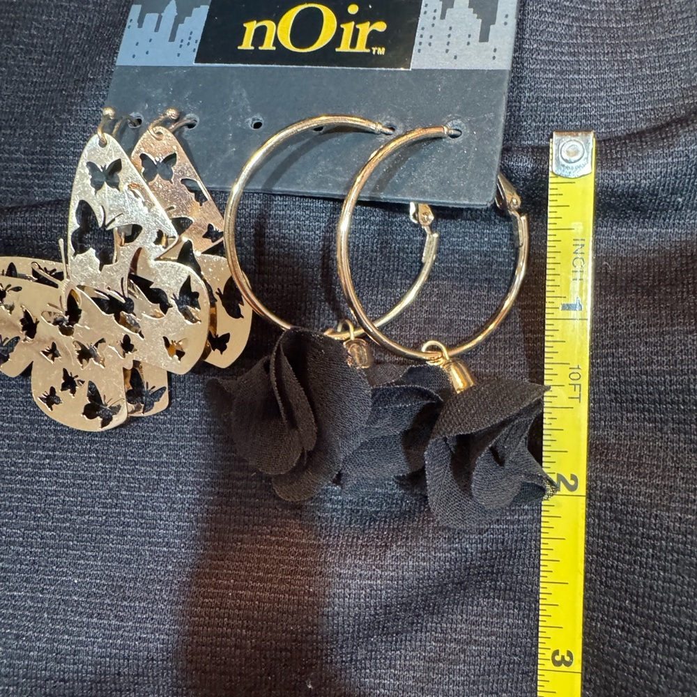 NEW nOir NYC Earrings 2 prs Gold Butterflies & Black Fabric Flowers Set - Picture 7 of 8